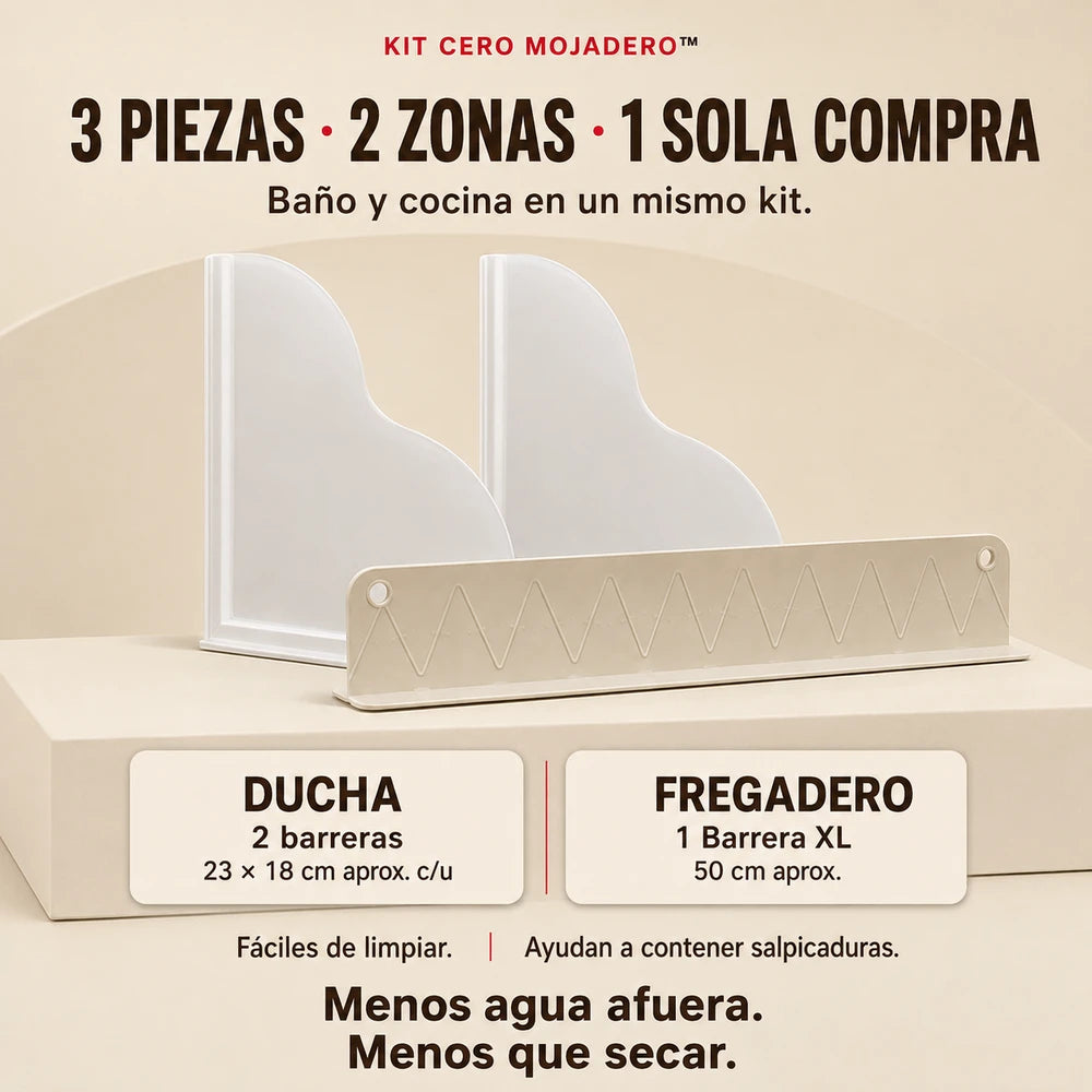 KIT CERO MOJADERO™ – 2 Barreras para Bañera + 1 Protector para Fregadero